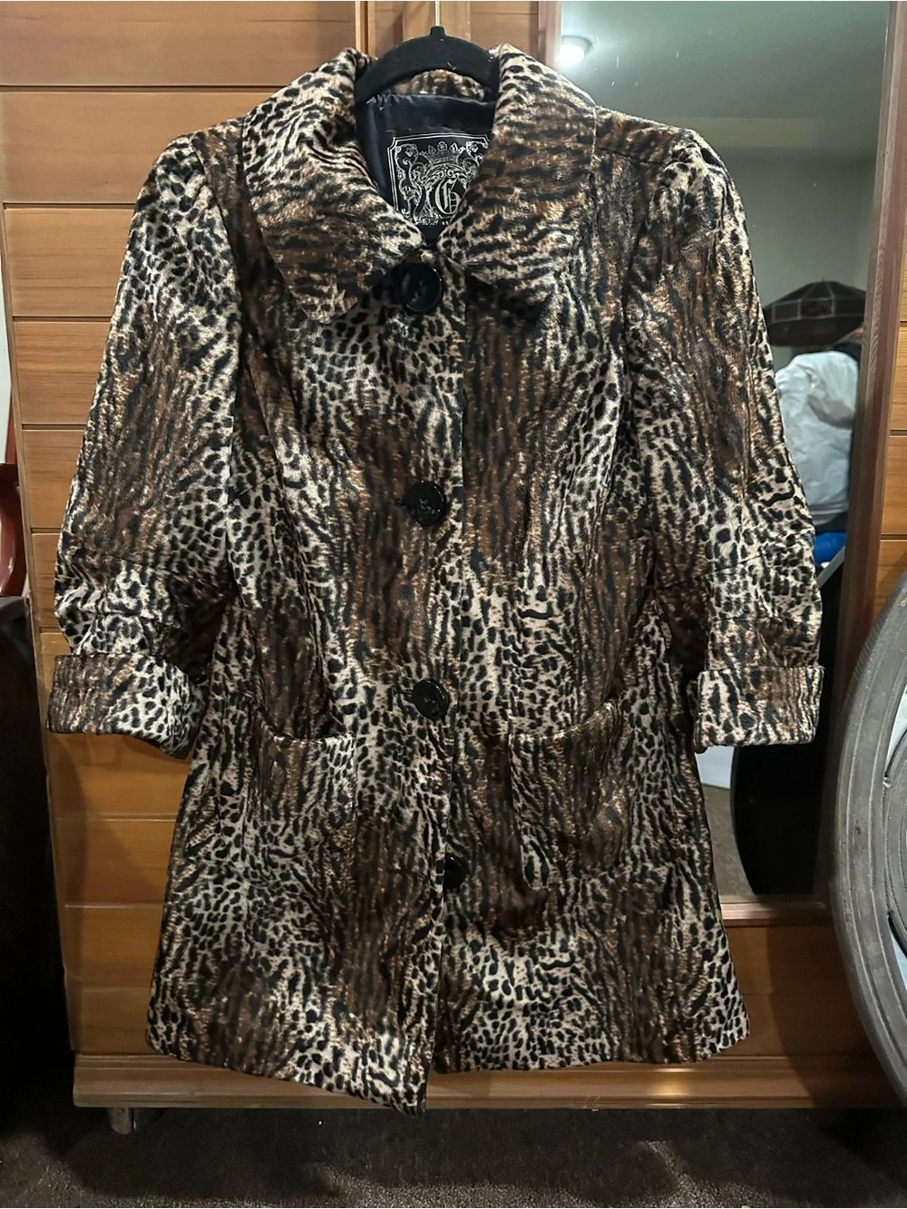 Guess Brown & Cream Animal-Print Trench Coat